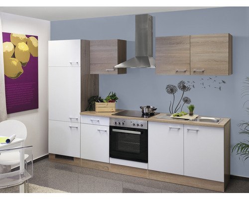 Küchenzeile mit Geräten Flex Well Samoa 270 cm Frontfarbe weiss sonoma eiche - Korpusfarbe sonoma eiche 00010793
