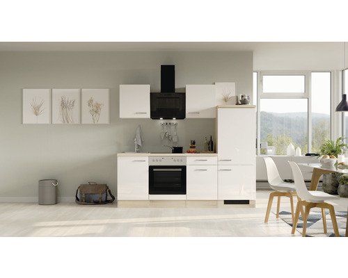 Küchenzeile mit Geräten Flex Well Valero 220 cm Frontfarbe weiss hochglanz - Korpusfarbe sonoma eiche 00012336