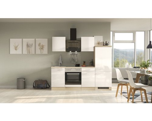 Küchenzeile mit Geräten Flex Well Nepal 220 cm Frontfarbe kaschmir glänzend - Korpusfarbe sonoma eiche 00012332