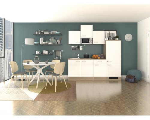 Küchenzeile mit Geräten Flex Well Valero 210 cm Frontfarbe weiss hochglanz - Korpusfarbe sonoma eiche 00008403