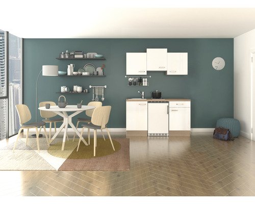 Singleküche mit Geräten Flex Well Valero 150.5 cm Frontfarbe weiss hochglanz - Korpusfarbe sonoma eiche 00009411