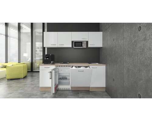 Küchenzeile mit Geräten Flex Well Valero 210 cm Frontfarbe weiss hochglanz - Korpusfarbe sonoma eiche 00011955