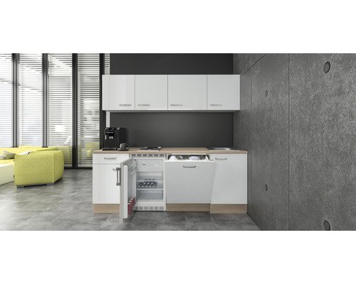 Küchenzeile mit Geräten Flex Well Valero 210 cm Frontfarbe weiss hochglanz - Korpusfarbe sonoma eiche 00011966
