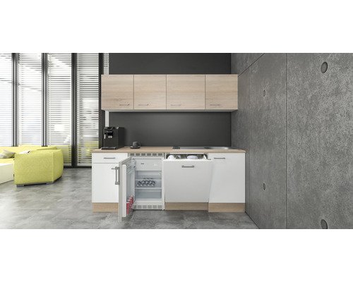 Küchenzeile mit Geräten Flex Well Samoa 210 cm Frontfarbe weiss sonoma eiche - Korpusfarbe sonoma eiche 00011944