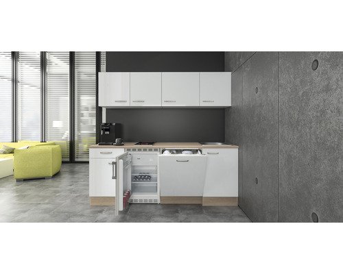 Küchenzeile mit Geräten Flex Well Valero 210 cm Frontfarbe weiss hochglanz - Korpusfarbe sonoma eiche 00011971