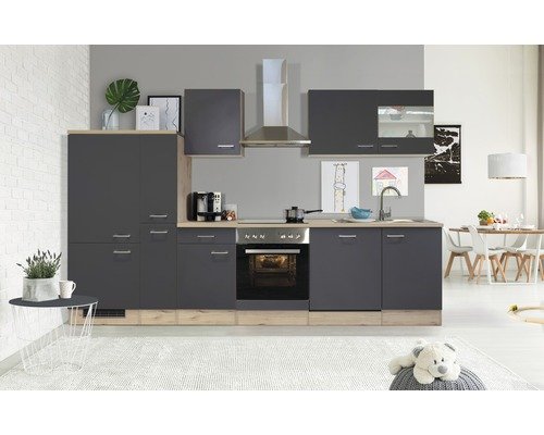 Küchenzeile mit Geräten Flex Well Tiago 310 cm Frontfarbe basaltgrau - Korpusfarbe san remo eiche hell 00011849
