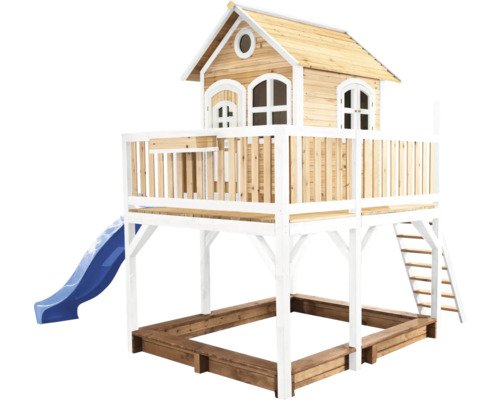 Spielhaus mit Stelzen axi Liam 377 x 255 cm Holz braun inkl. blaue Rutsche