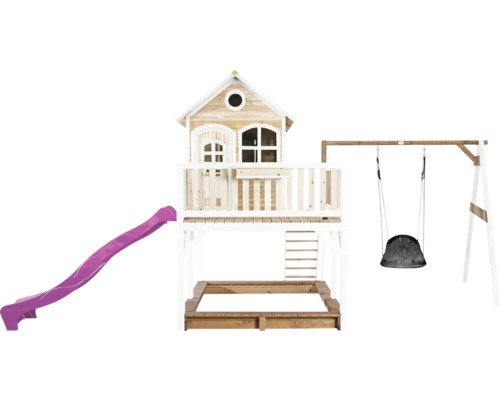 Spielhaus mit Stelzen axi Liam 613 x 277 cm Holz braun inkl. Schaukel, Rutsche lila