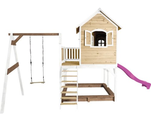 Spielhaus mit Stelzen axi Liam 541 x 277 cm Holz braun inkl. lila Schaukel