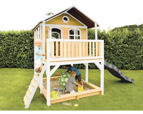Spielhaus mit Stelzen axi Marc 432 x 212 cm Holz braun weiß inkl. graue Rutsche