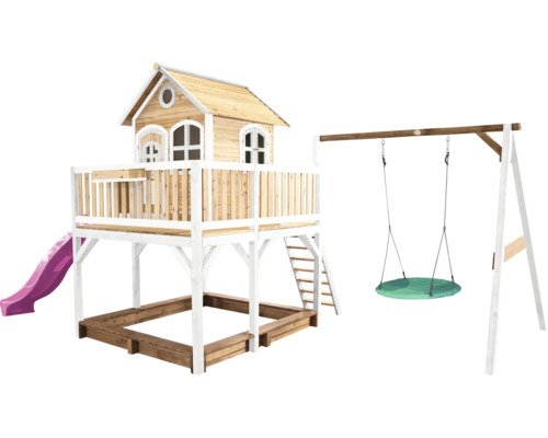 Spielhaus mit Stelzen axi Liam 613 x 277 cm Holz braun inkl. Schaukel lila