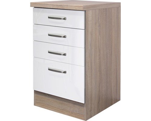 Schubladenunterschrank Flex Well Valero BxHxT 50x86x60 cm Frontfarbe weiss hochglanz - Korpusfarbe sonoma eiche