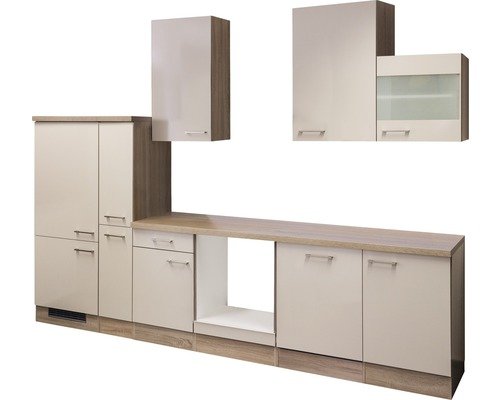 Küchenzeile ohne Geräte Flex Well Nepal 310 cm Frontfarbe kaschmir glänzend - Korpusfarbe sonoma eiche 00010095