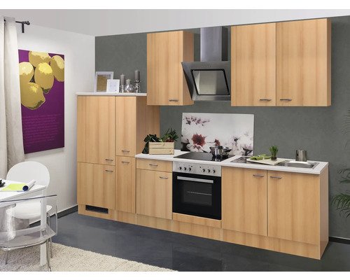 Küchenzeile ohne Geräte Flex Well Nano 300 cm Frontfarbe buche - Korpusfarbe buche 00010066