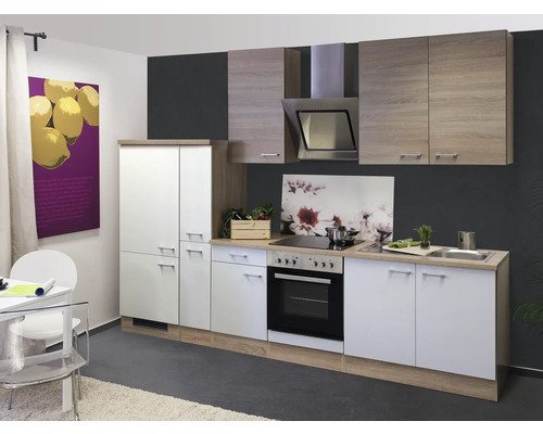 Küchenzeile ohne Geräte Flex Well Samoa 300 cm Frontfarbe weiss sonoma eiche - Korpusfarbe sonoma eiche 00010065