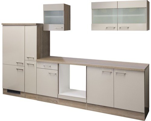 Küchenzeile ohne Geräte Flex Well Nepal 300 cm Frontfarbe kaschmir glänzend - Korpusfarbe sonoma eiche 00010040