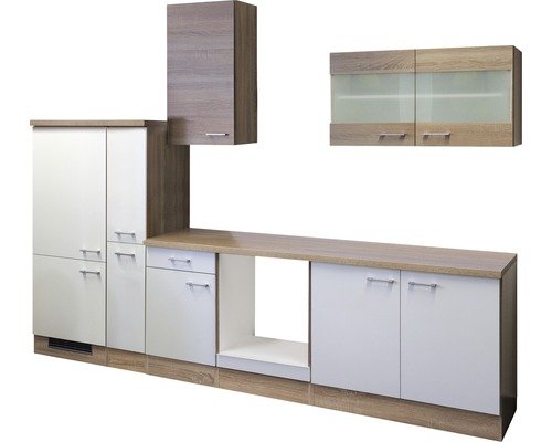Küchenzeile ohne Geräte Flex Well Samoa 300 cm Frontfarbe weiss sonoma eiche - Korpusfarbe sonoma eiche 00010021