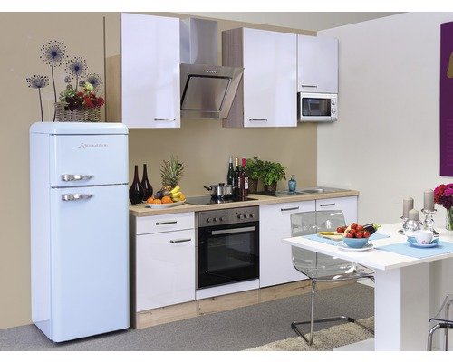 Küchenzeile mit Geräten Flex Well Valero 220 cm Frontfarbe weiss hochglanz - Korpusfarbe sonoma eiche 00009942