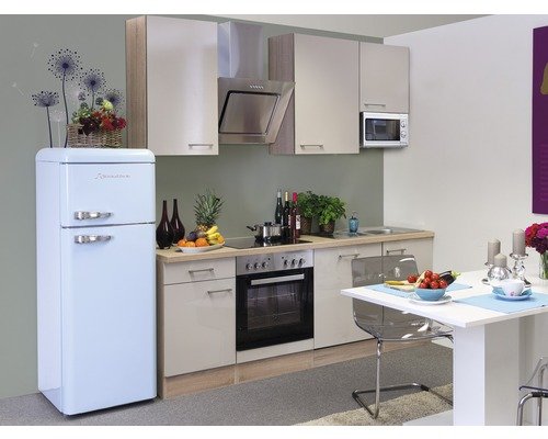 Küchenzeile mit Geräten Flex Well Nepal 220 cm Frontfarbe kaschmir glänzend - Korpusfarbe sonoma eiche 00009941