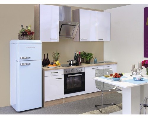 Küchenzeile mit Geräten Flex Well Valero 220 cm Frontfarbe weiss hochglanz - Korpusfarbe sonoma eiche 00009931