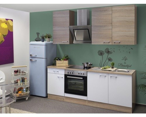Küchenzeile mit Geräten Flex Well Samoa 210 cm Frontfarbe weiss sonoma eiche - Korpusfarbe sonoma eiche 00009834