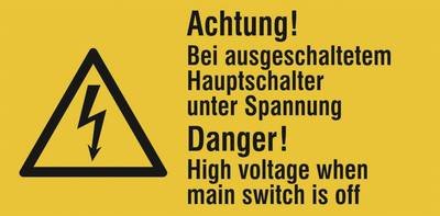 Warn-Kombischild Bei ausgeschaltetem Hauptschalter unter Spannung Folie selbstklebend (B x H) 65 mm x 32 mm ISO 7010 6 S
