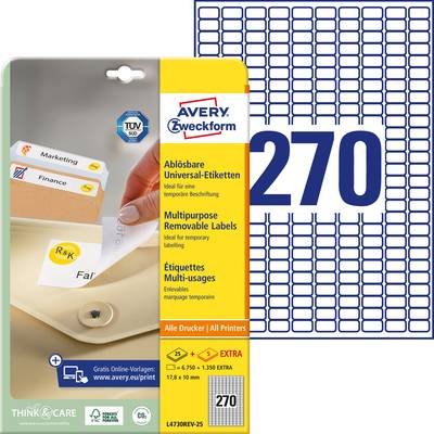 Avery-Zweckform L4730REV-25 Universal-Etiketten 17.8 x 10 mm Papier Weiß 8100 St. Wiederablösbar Tintenstrahldrucker, La