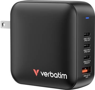 Verbatim Mini GaN Charger Reiseladeadapter 165 W 1x USB-A, 3x USB-C® USB PD, USB PD 3.1, QC 3.0 Schwarz Schnellladegerät