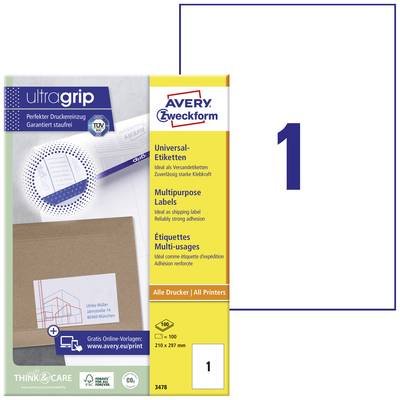 Avery-Zweckform 3478 Universal-Etiketten 210 x 297 mm Papier Weiß 100 St. Permanent haftend Tintenstrahldrucker, Laserdr