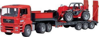 bruder MAN TGA Tieflader mit Manitou Teleskoplader Fertigmodell Baufahrzeug Modell