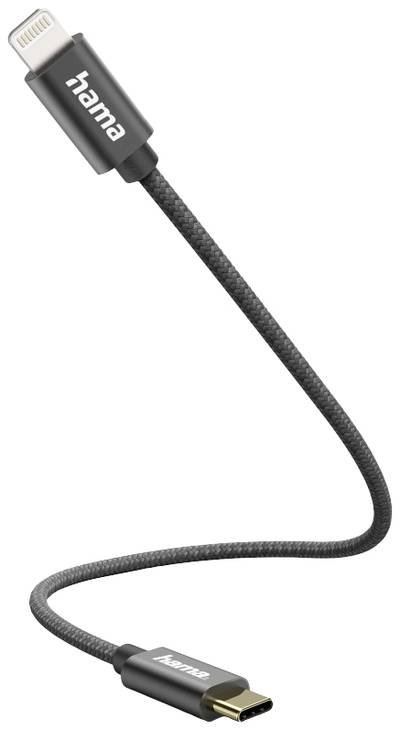 hama 00201601 Ladekabel, USB-C - Lightning, 0,2 m, Nylon, Schwarz