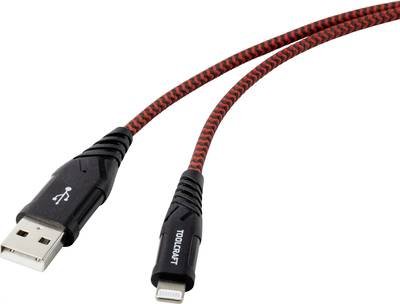 TOOLCRAFT USB-Kabel USB 2.0 USB-A Stecker, Apple Lightning Stecker 1.00 m Schwarz-Rot Extrem robuste Geflechtschirmung T