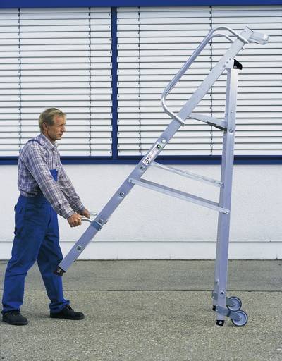Aluminium-Stehleiter einseitig begehbar mit Rollen und Griff