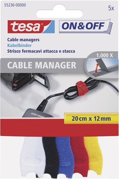 TESA On & Off 55236-00-00 Klettkabelbinder zum Bündeln Haft- und Flauschteil (L x B) 200 mm x 12 mm Bunt 5 St.
