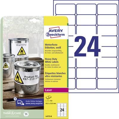 Avery-Zweckform L4773-8 Folien-Etiketten 63.5 x 33.9 mm Polyester-Folie Weiß 192 St. Permanent haftend Farblaserdrucker,